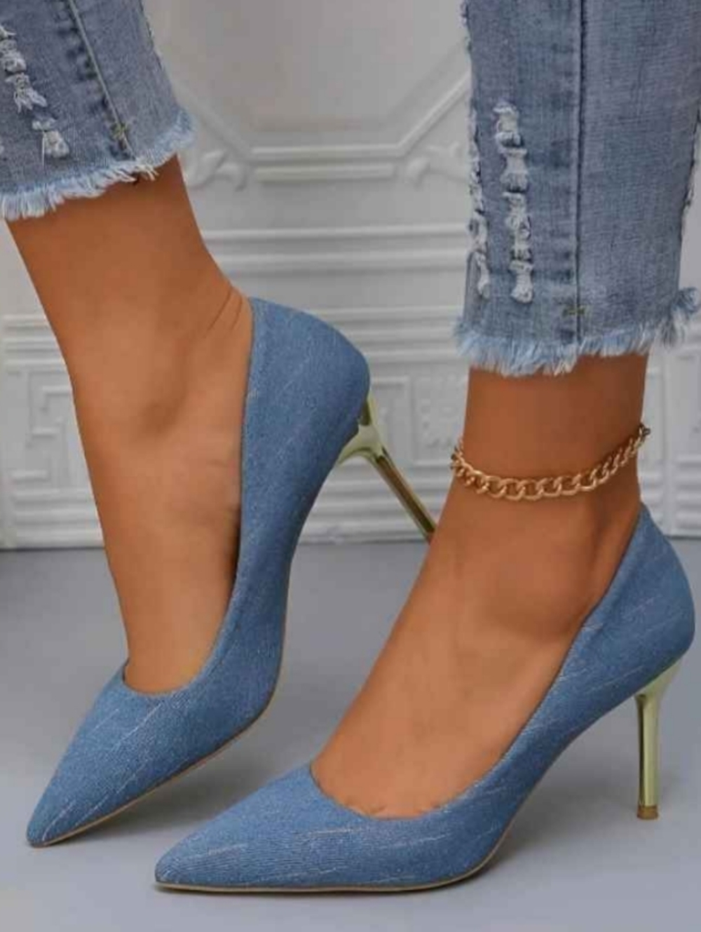 Classic Pointed-Toe Denim Pumps - Blue
